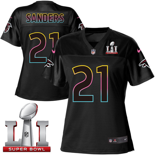 Nike Falcons #21 Deion Sanders Black Super Bowl LI 51 Women's NFL Fashion Game Jersey - Click Image to Close